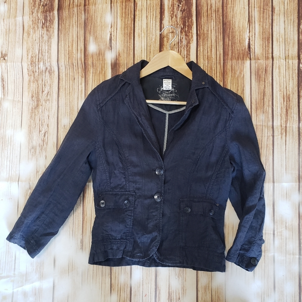 Olsen 100% Linen Navy Blue Summer Blazer Cropped Travel Cruise Resort Mi…